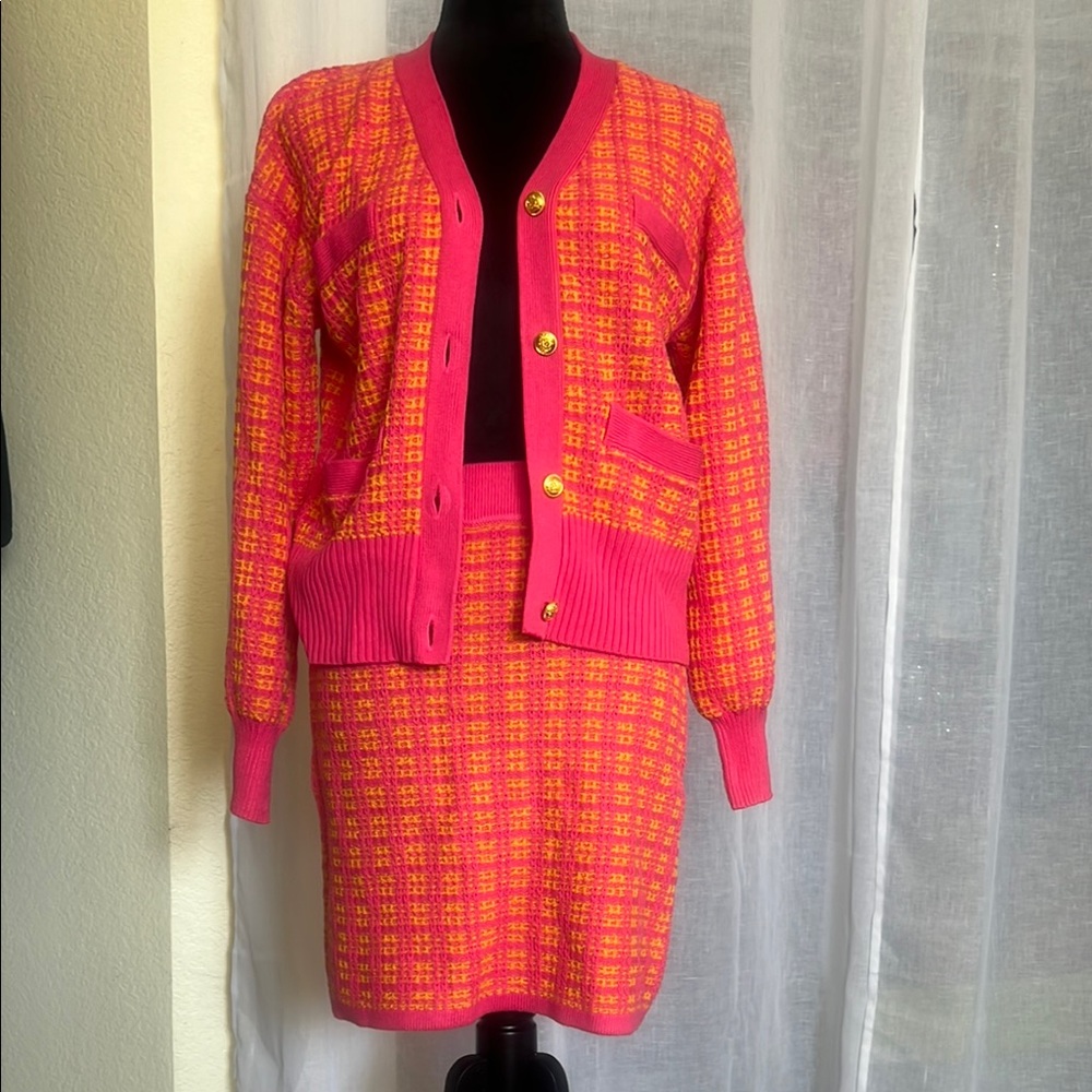 Vibrant Pink and Yellow Cardigan and Skirt Set